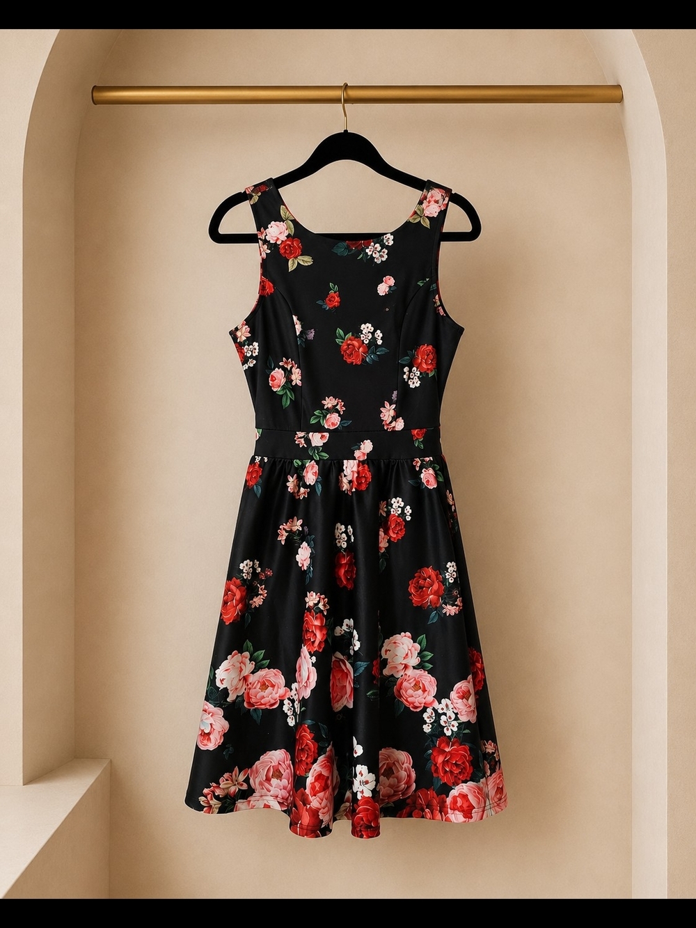 Women's Black Floral Fit & Flare Dress